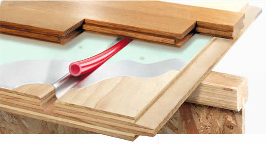 Cutaway of timber flooring over a Warmboard panel with pipe in the channel